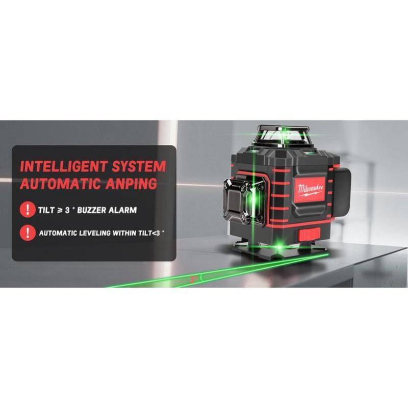 Milwaukee 360° Green Beam Cross-Line Laser Level  Self-Leveling Horizontal & Vertical, Rechargeable Battery, Range Finder for Construction & DIY Projects