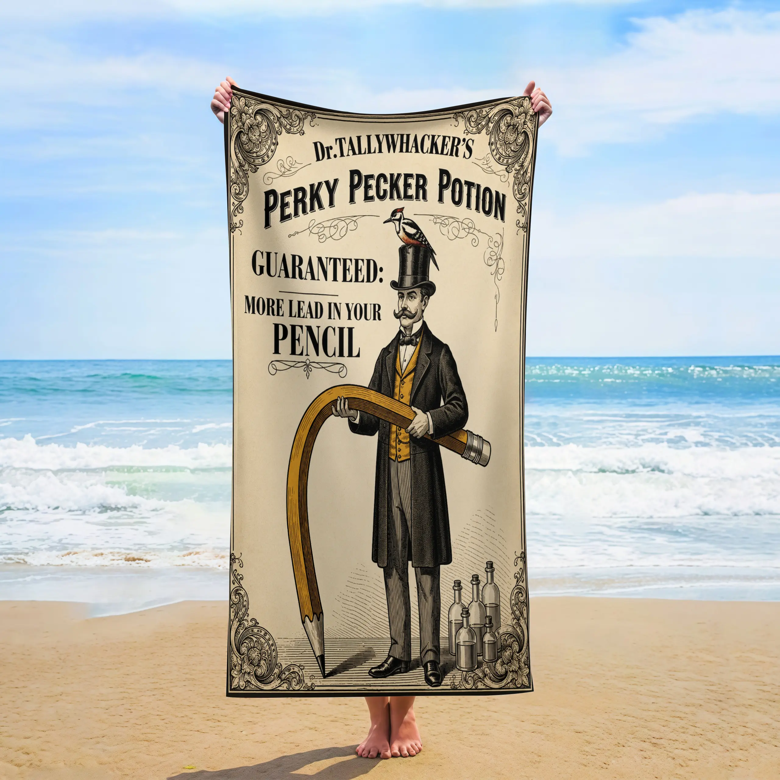 Dr. Tallywhacker's Perky Pecker Potion Beach Towel - Funny Vintage Style Gag Gift for Men - Unique Man Cave Decor - Humorous Retro Novelty Accessory