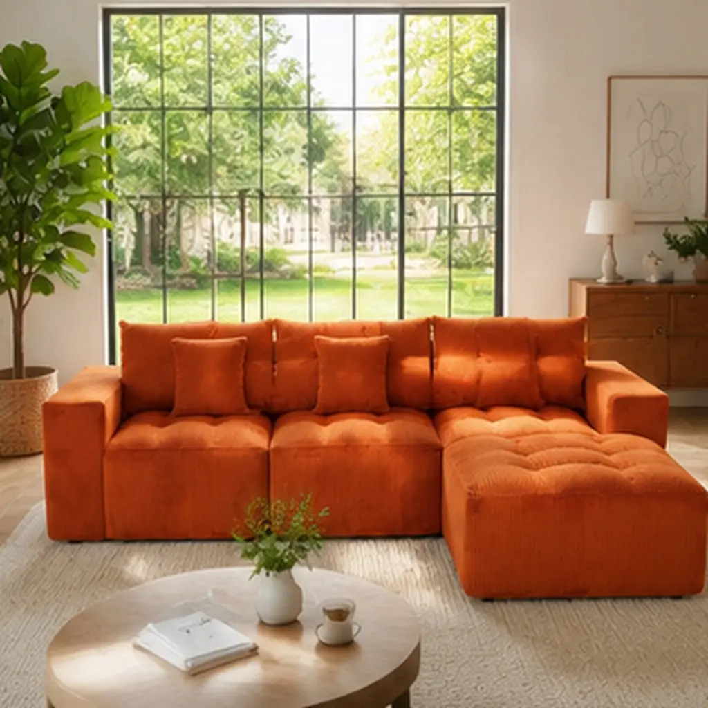 ARCH 101" L-Shaped Modular Cloud Sofa - Sturdy 3-Seater Corduroy Couch with Movable Footrest, DIY Combination Design, 120.00 lb, for Living Room, Bedroom Daily Leisure, Orange, 72.05W x 101.18D x 29.83H in