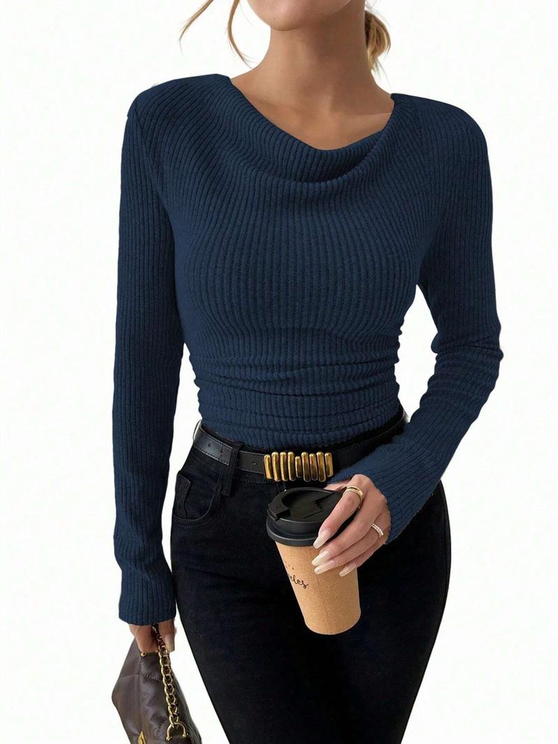 Women's Plain Draped Cowl Neck Ribbed Tee, Elegant Long Sleeve T-shirt for Spring & Fall, Women's Clothing for Daily Wear