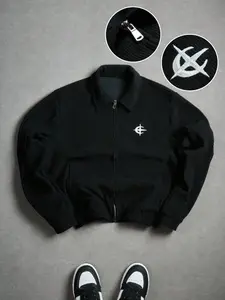Men's Waffle Knit Harrington Jacket, Turn-Down Collar Zipper Design, Embroidered Print, Casual Four-Season Outerwear