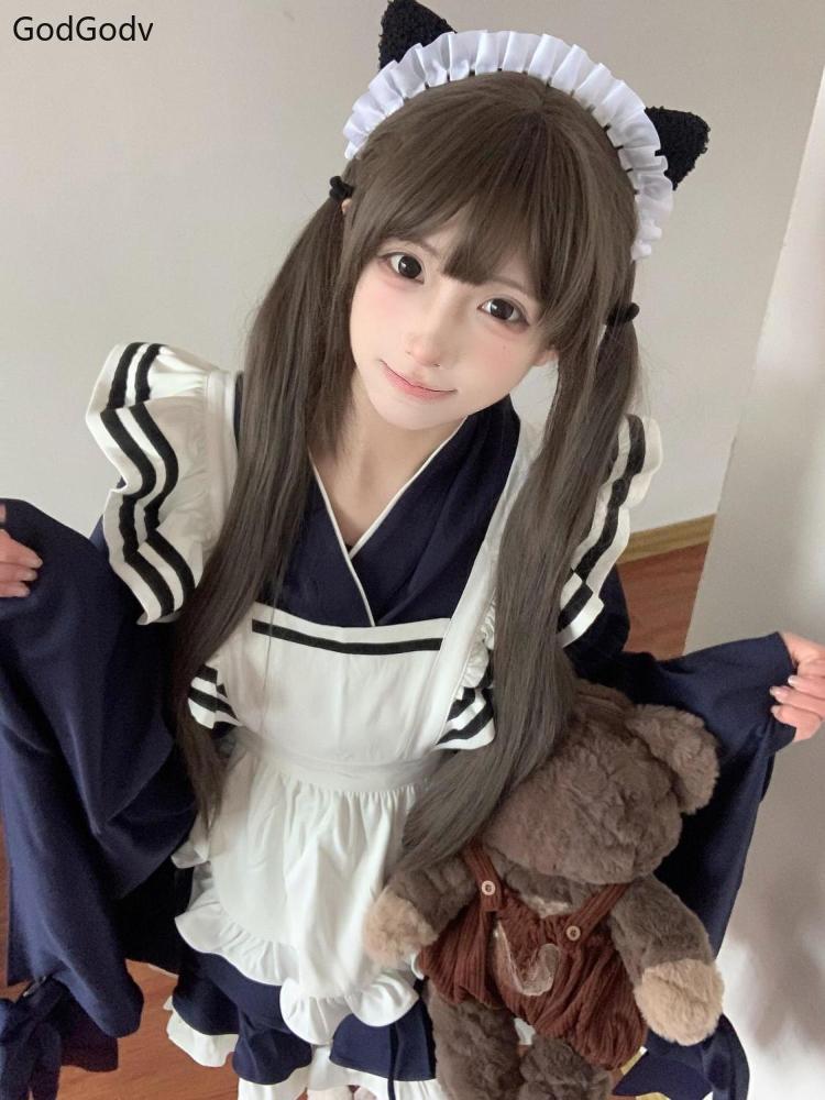 Spring Cosplay Lolita Woman Dress Elegant Bow Ruffle Design Navy Blue Cute Design Maid Dress Female Kawaii Chic Party Outfits