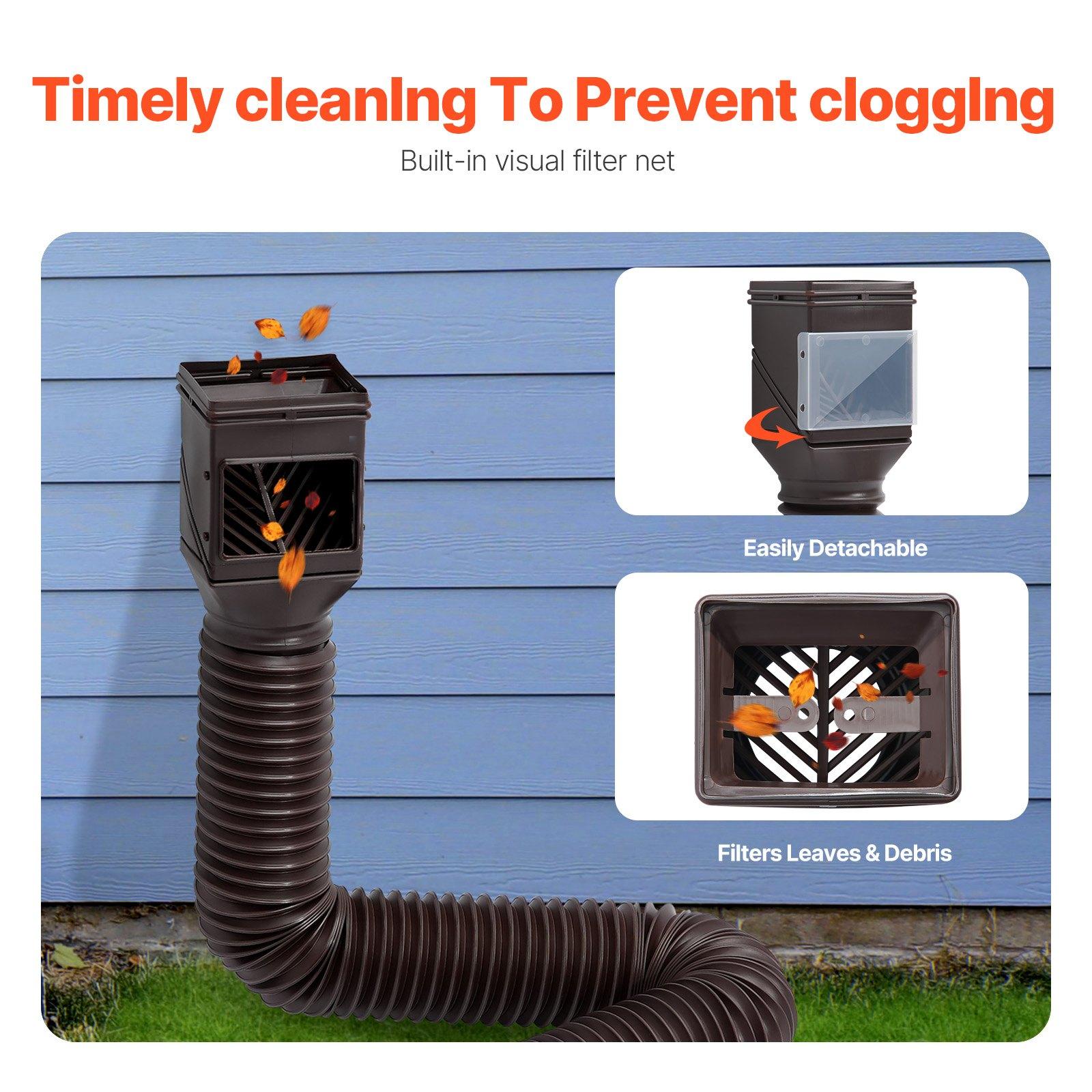 VEVOR Rain Gutter Downspout Extensions, 2-Pack Flexible Downspout Extender, Down Spout Drain Extension Extendable from 22" to 63", Gutter Extensions with Adapters, for Rainwater Drainage, Brown