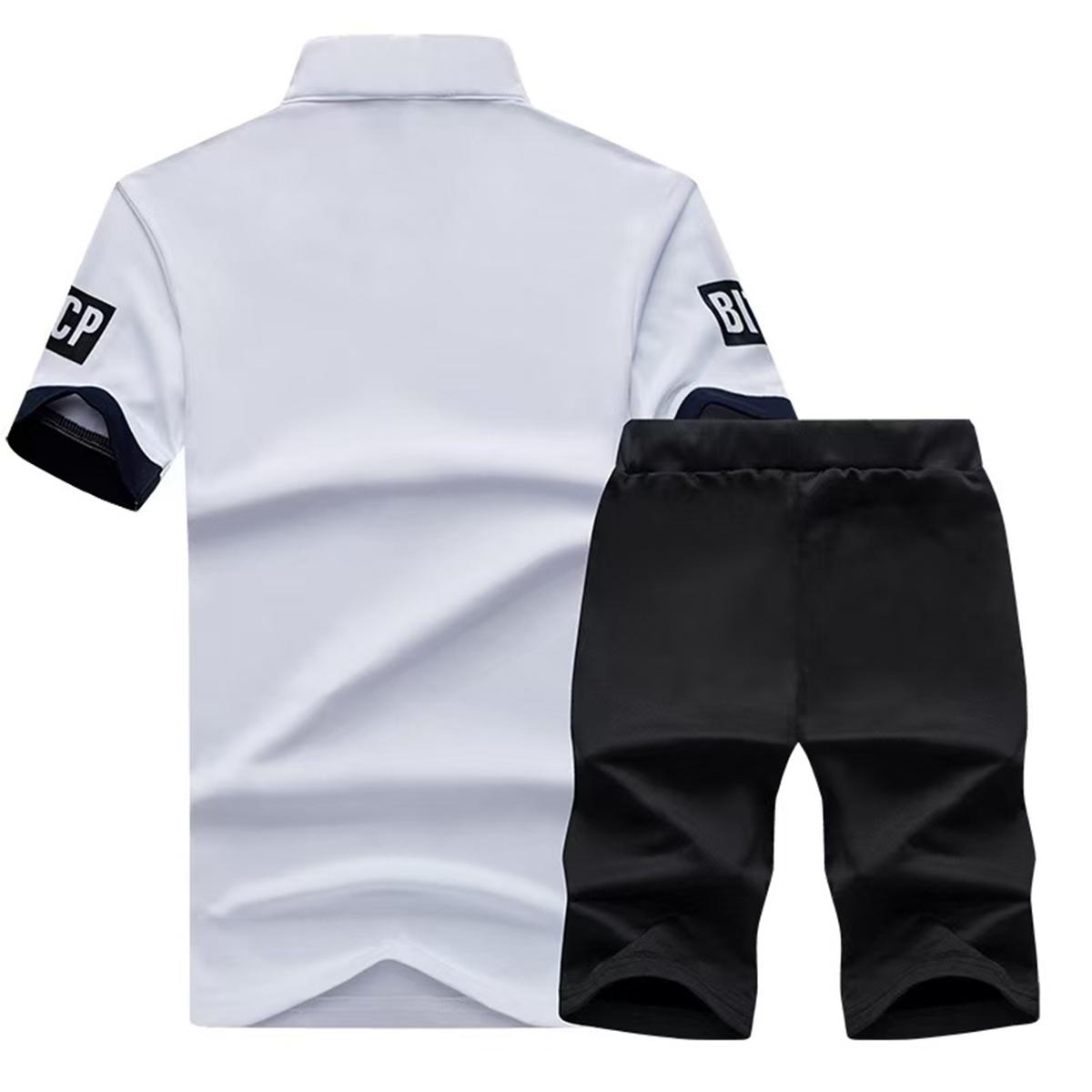 Minimalist Smart Casual Mens 2 Piece Set Versatile White Stand Collar Polo Shirt with Contrast Sleeve Patch and Black Drawstring Shorts for Office Casual Fridays and Daily Commute