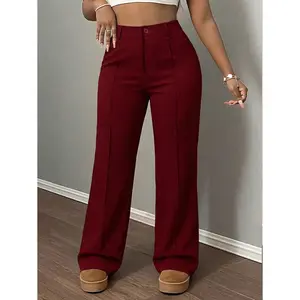 Women's High Waisted Straight Leg Trousers, Burgundy Wide Leg Formal Casual Pants for Work and Everyday Wear