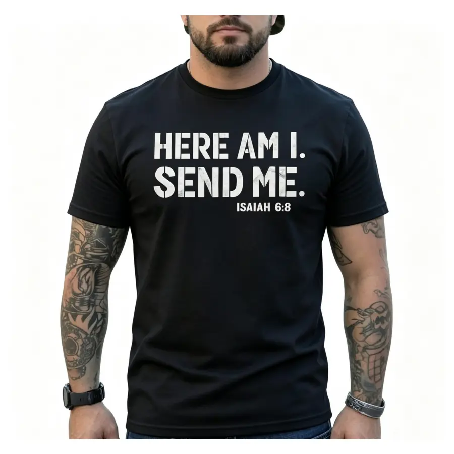 Men's Christian "Here Am I Send Me" Graphic Tops, Breathable Smooth Cotton Relaxed Fit Short-Sleeve Round Neck Tee, Isaiah 6:8 Bible Verse Print Streetwear Gift for Dad, Shortsleeve