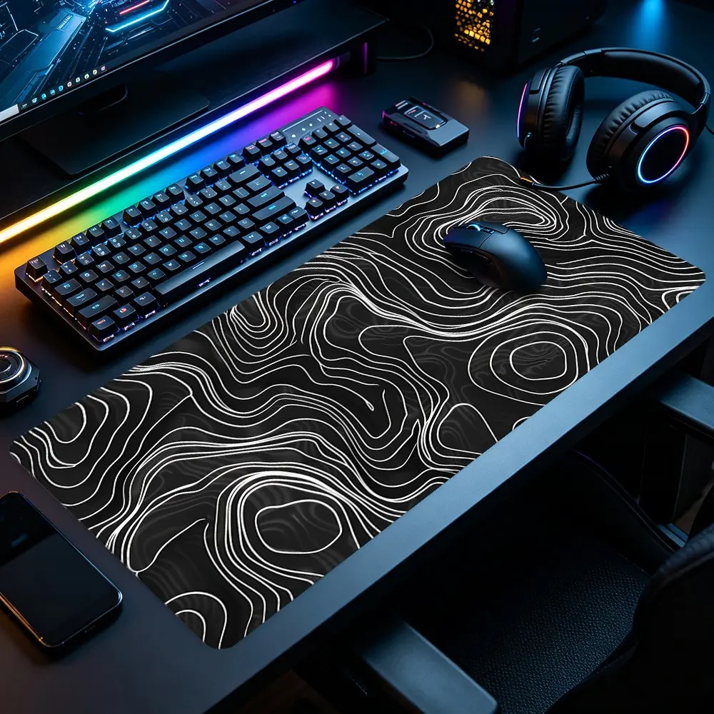 Black White Topographic Contour Line XXL Gaming Mouse Pad, Computer Accessories for Desk, Minimal Abstract Mountain Thin Line Non-Slip Stitched Rubber Computer Desk Mat for Gaming & Home Office, Ideal for Sleek Neutral Minimalist Desktop Decor Enthusiasts