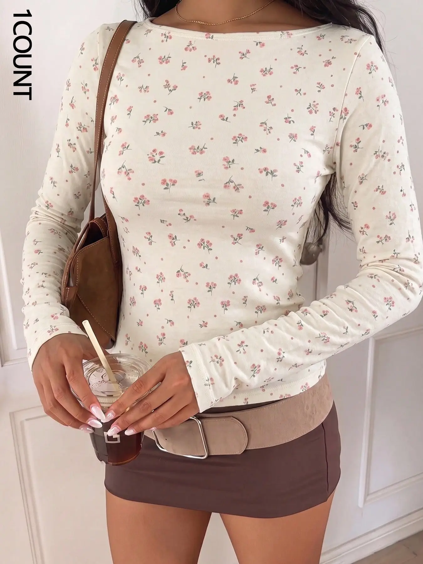 1Pc Women's Slim‑Fit Long‑Sleeve T‑Shirt, Ditsy Floral Print Gentle Aesthetic Top, Soft Basic Style For Women's Daily And Date Outfits