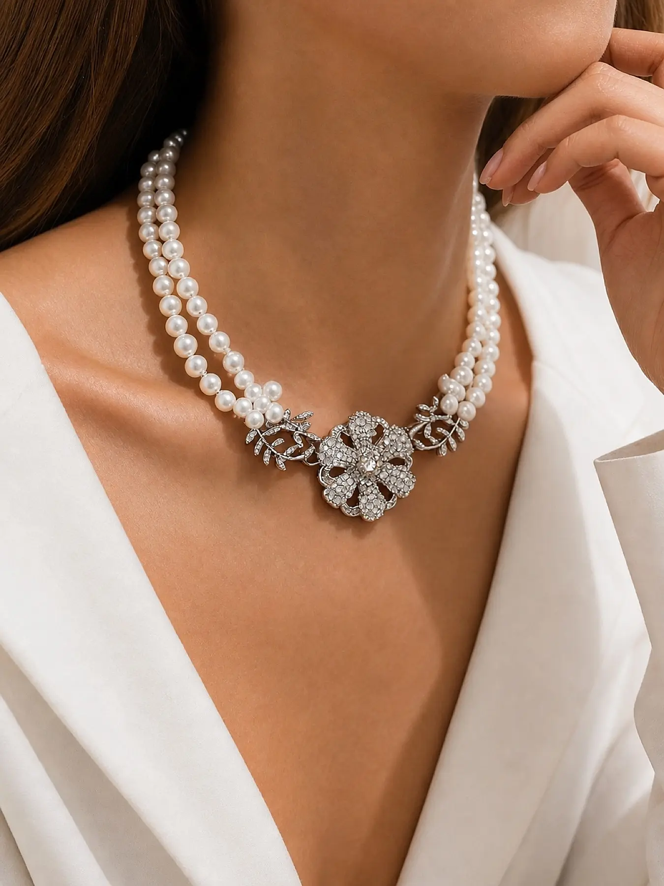 Double-Layer Pearl Chain Necklace with Six-Petaled Flower Charm, Elegant Jewelry for Women, Bridal or Casual Wear, Unique Floral Design