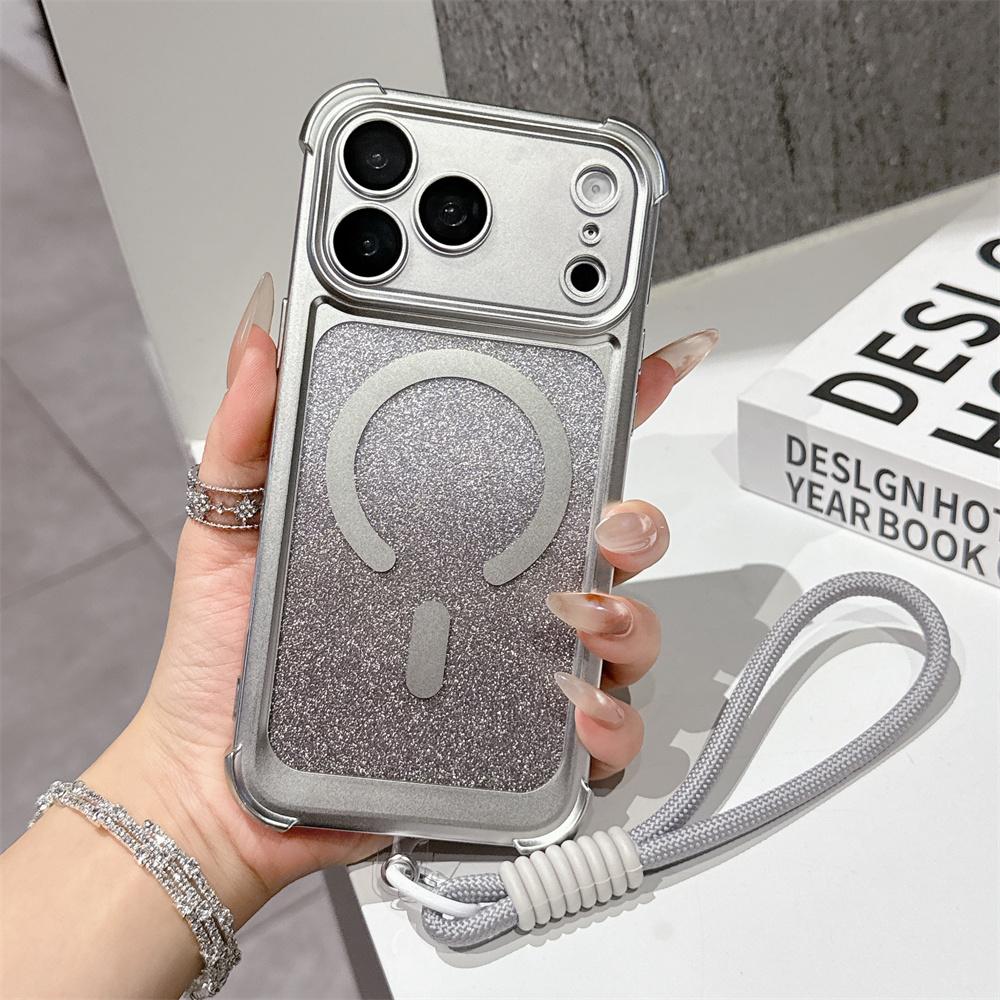 Luxury Wrist Strap Glitter Lanyard Phone Case For iPhone 17 Air 16 15 14 13 Pro Max For Magsafe Wireless Charging Armor Cover