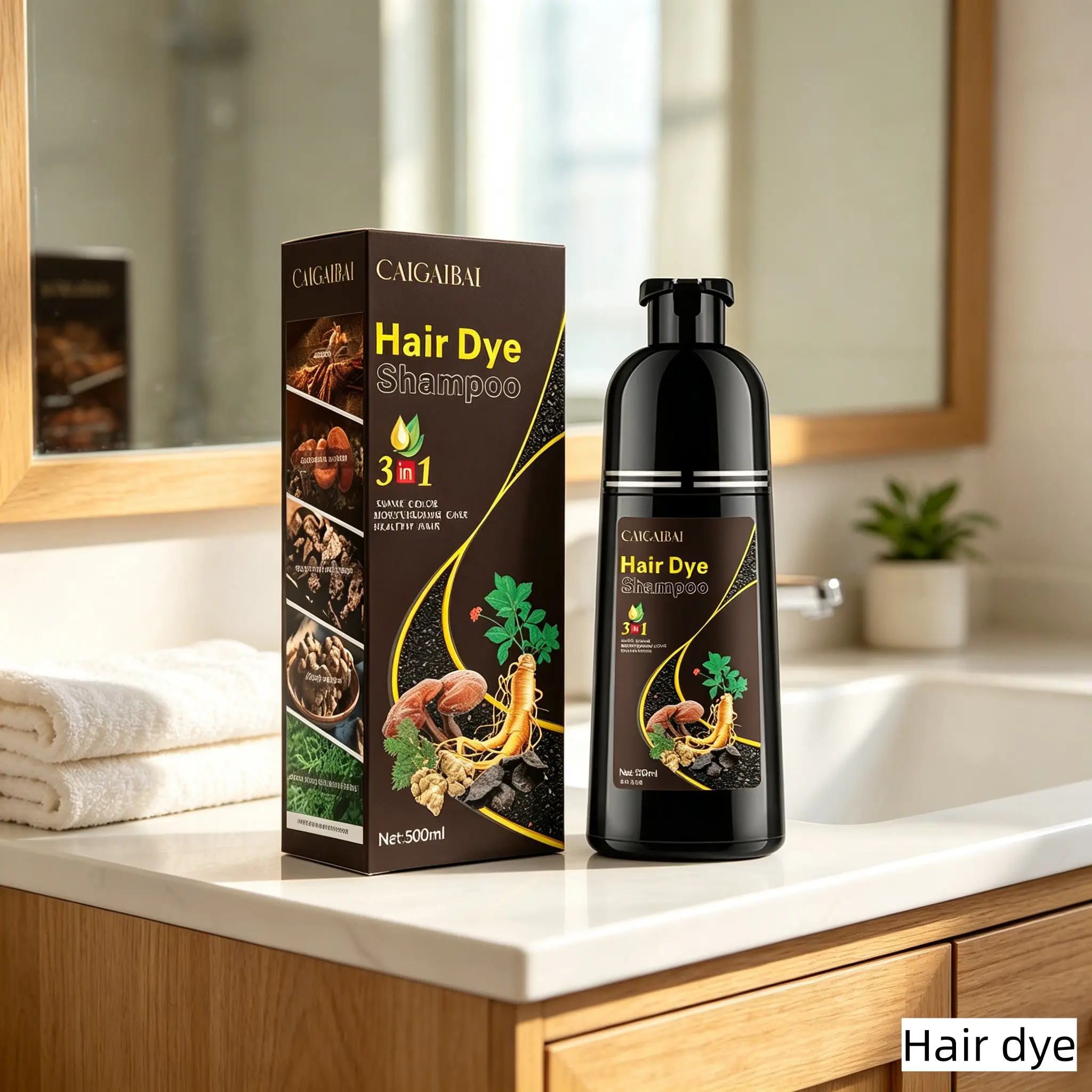 500ML Instant Natural Hair Dye Shampoo, Ginseng Polygonum Extract, Recyclable, Liquid Form, No Alcohol, for Men & Women