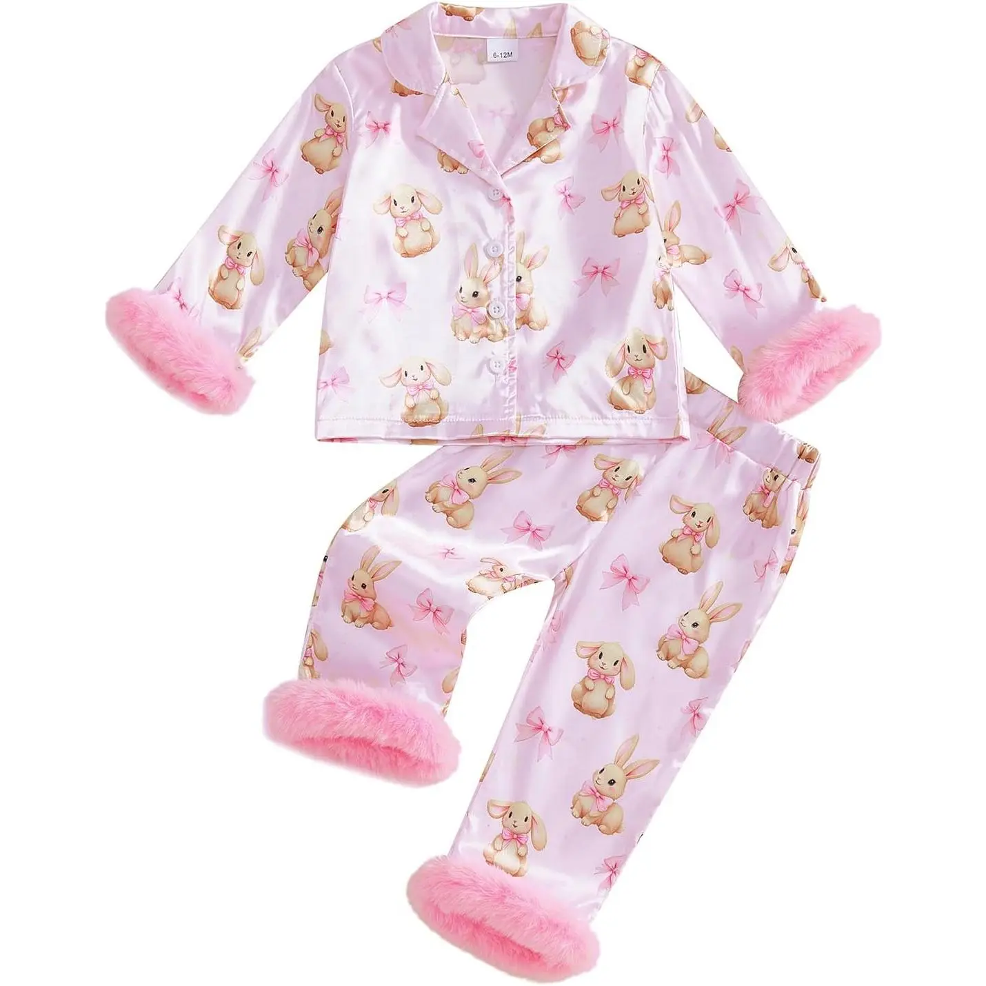 Toddler Girls' 2-Piece Silk Satin Pajamas, Easter Bunny Button-Down Shirt & Long Pants Sleepwear, Animal Print Outfit, Prop 65 Safe