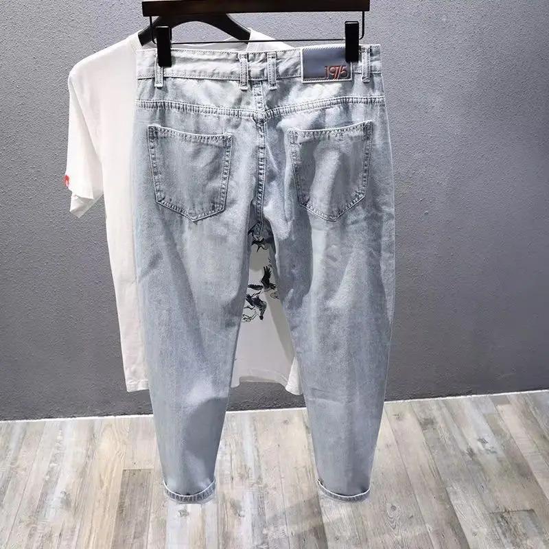 Fashion Luxury Clothing Washed Men's Casual Denim Jeans for Spring and Autumn Slim Fit Solid Pants Streetwear Ripped Holes Male