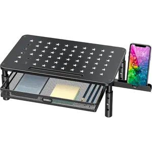 Metal Mesh Drawer Monitor Riser, Height Adjustable Design Equipped with Phone Slot, Suitable for Computer, Laptop, Printer and Notebook, Multi-functional Storage Monitor Support Stand