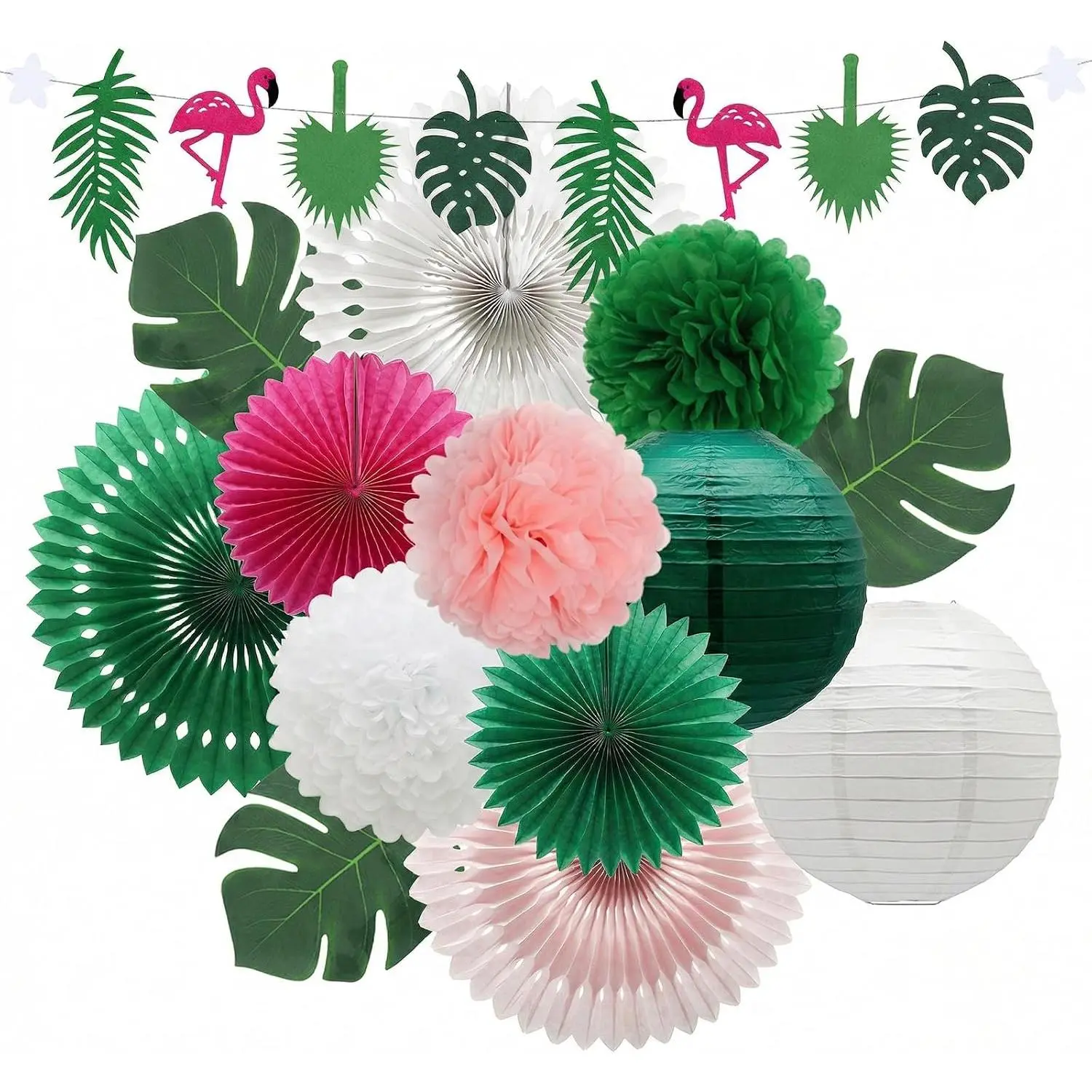 14 Pieces Tropical Party Decorations Set - Pre-Strung Flamingo Banner, Paper Fans, Lanterns with Palm Leaves - Hawaiian Themed Luau Decor for Summer Beach Pool Birthday Party Supplies