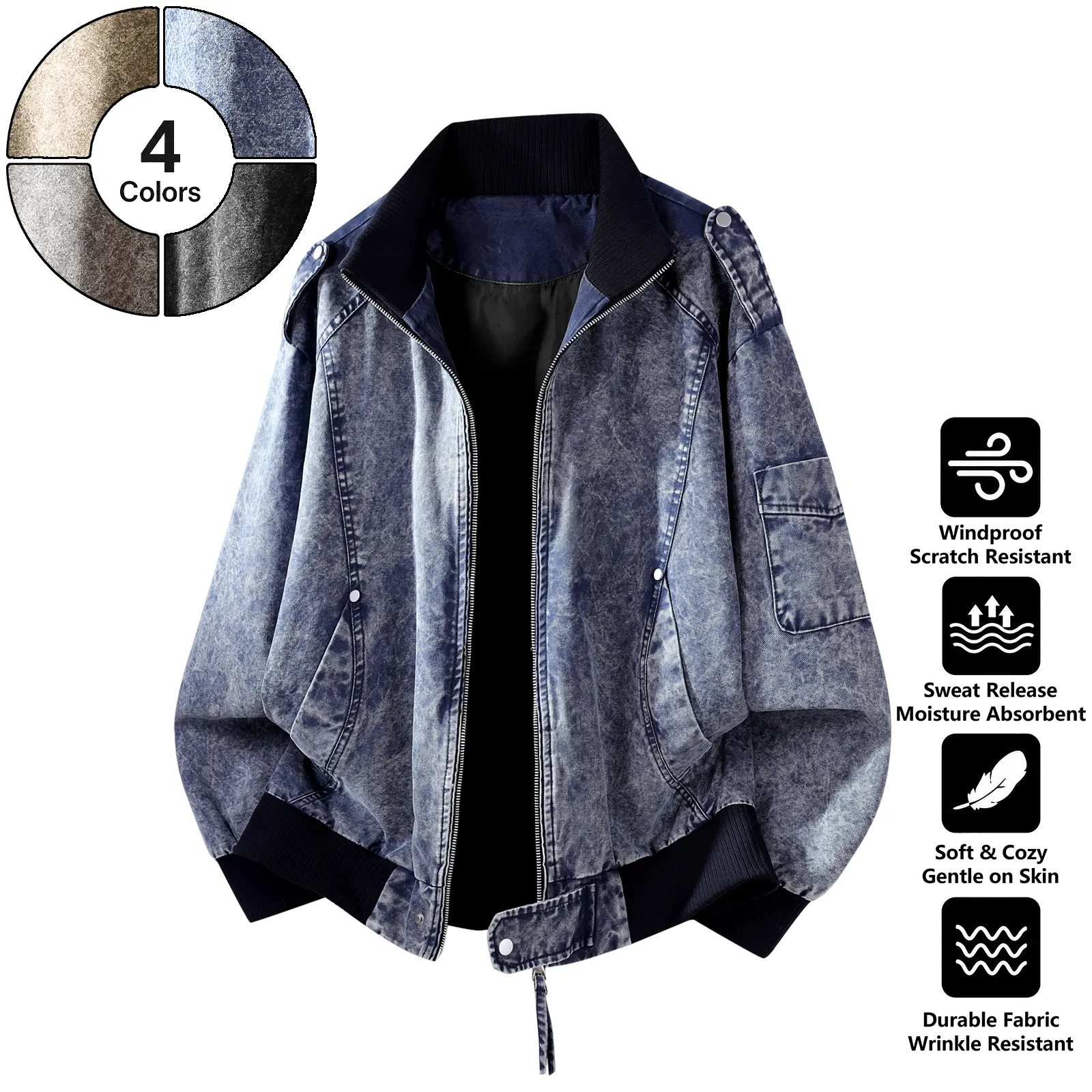 Men's Washed Denim Bomber Jacket 100% Cotton, Vintage Jean Jacket with Zip Up Closure, Soft Polyester Lined Casual Streetwear Outerwear, Windproof Lightweight Workwear Jacket for Men, Classic Fall Winter Coat for Daily Wear