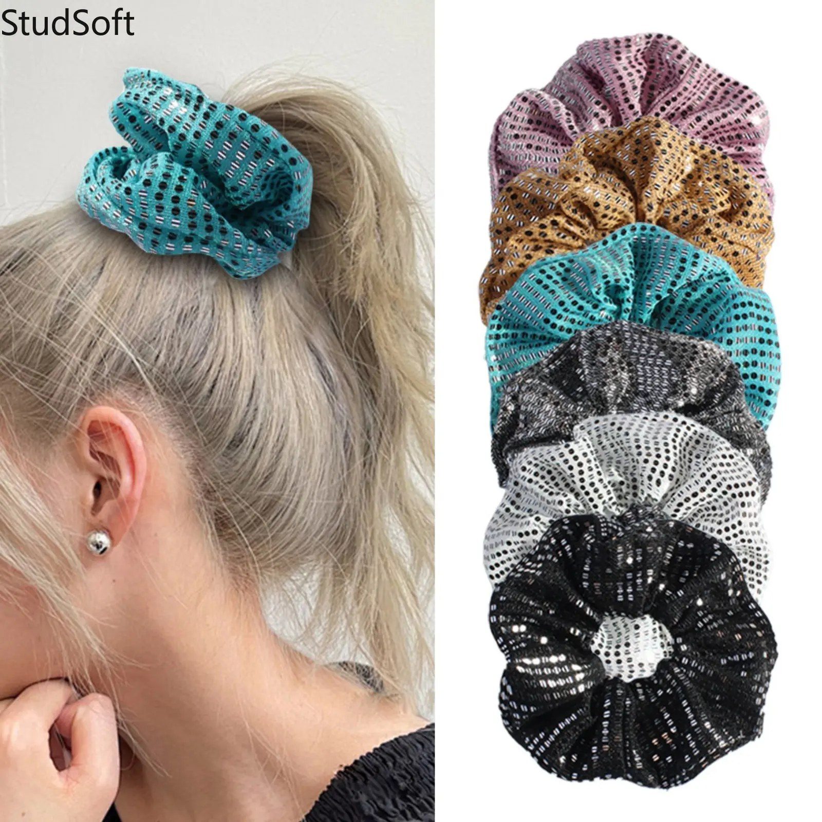 6pc Y2K Sequin Scrunchies Pack Large Elastic Hair Bands Sparkly Glitter Metallic Ponytail Holder Ties Bulk Discos Rave Dance Party Accessories