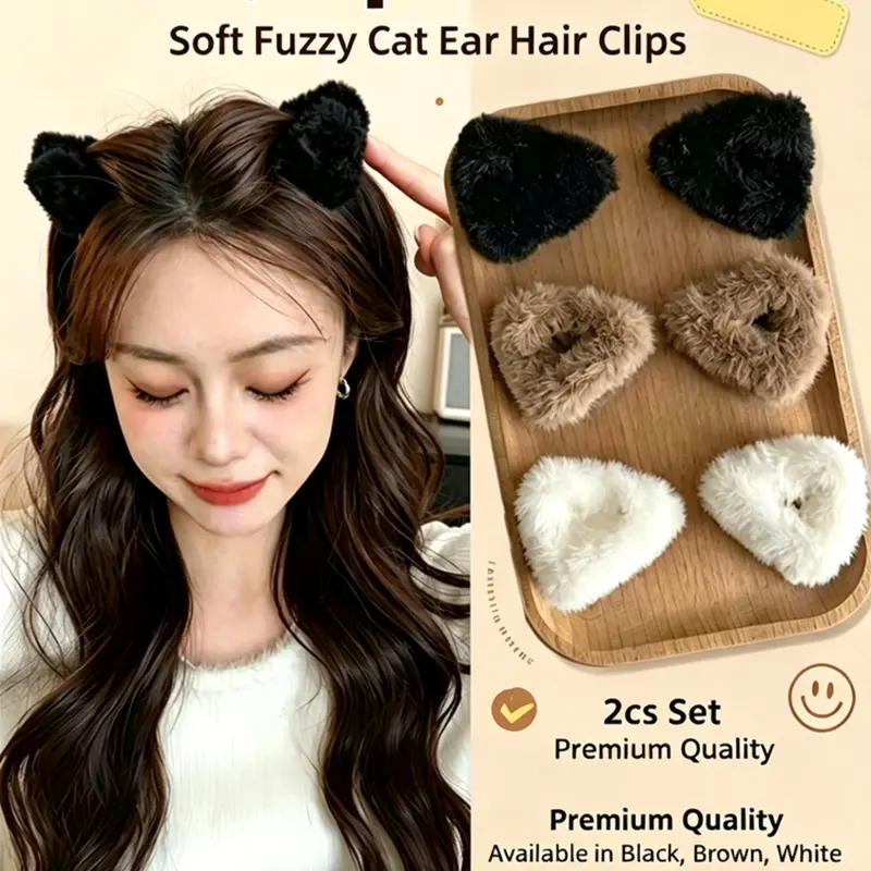 2PCS Fluffy Cat Ear Hair Clips Cute for Women, Fall Winter Triangle Claw Clips for Bangs, High Ponytails, Half-Up Hairstyles and Daily Wear
