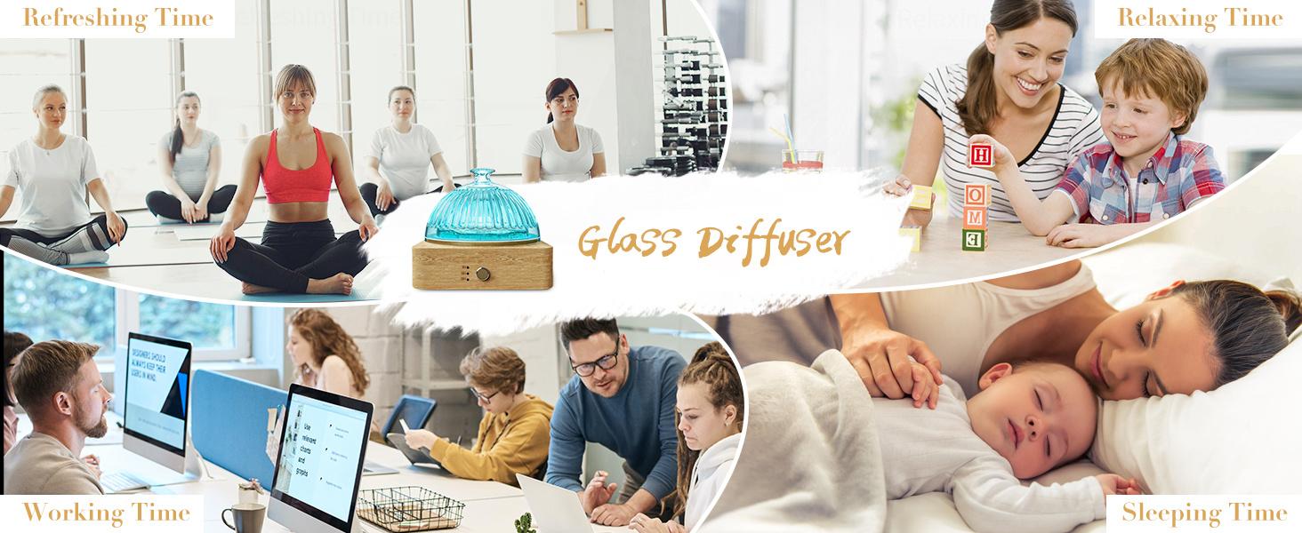 200ml Ultrasonic Glass Dome Essential Oil Diffuser with Glass Reservoir and Wood Base No Plastic for Aromatherapy Home Office Yoga Pilates with Timer 7 Color Light Auto Off
