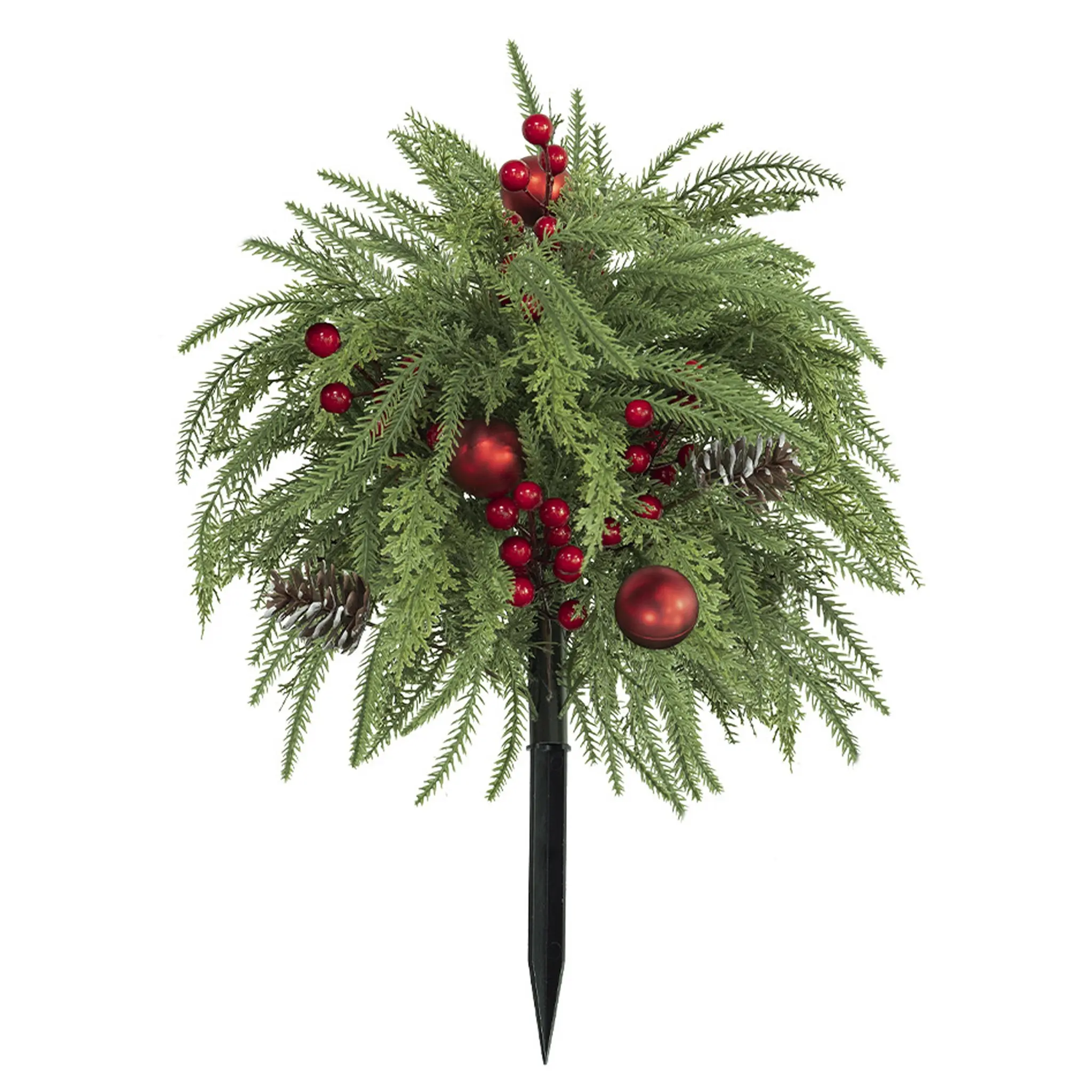 1 Pack Artificial Christmas Evergreen Stake, Faux Pine Sprig Pick with Red Berries, Christmas Balls & Pinecones, Festive Elements, Outdoor Waterproof Holiday Greenery Stake for Front Porch, Garden Pathway, Yard Xmas Decor