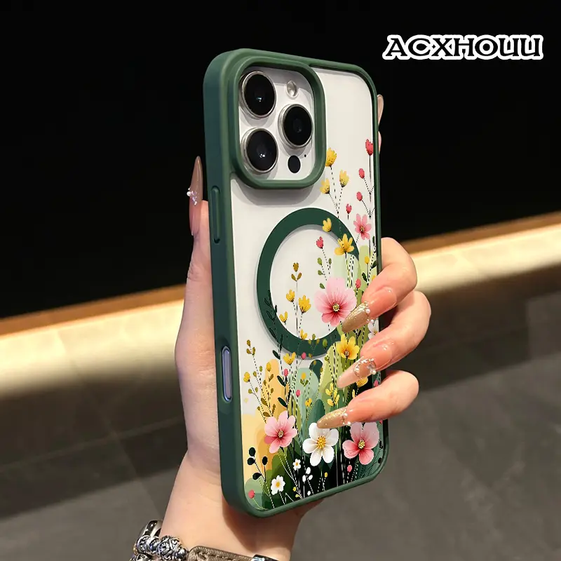 Pastel Wildflower Border Magnetic Protective Case for iPhone 17 16 E Pro Max 15 Plus 14 13 12 11 XS XR, Vintage Vibes | Shockproof, Aesthetic, Silicone, Lightweight, and Scratch Resistant