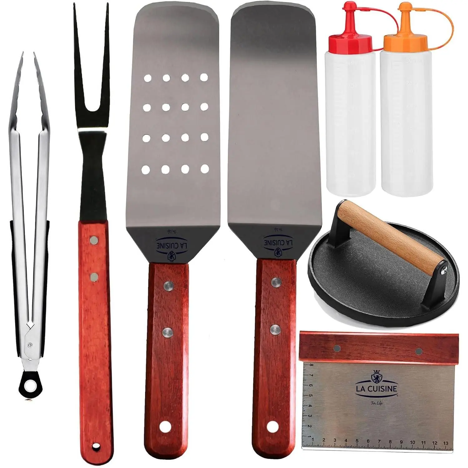 8-Piece Flat-Top Griddle BBQ Utensils Set – Solid & Perforated Spatulas, Fork, Tong, Cast Iron Meat Press, Silicone Oil Plastic Condiment Squeeze Bottles for Grilling, Hibachi Cooking (Gift Option)