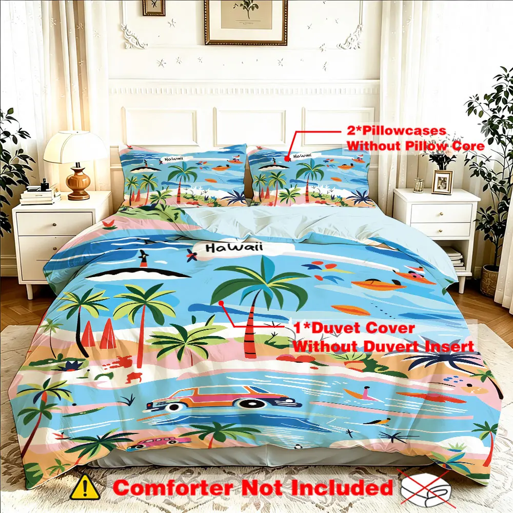 3pcs Set (1 Duvet Cover + 2 Pillowcases, No Insert) Tropical Coconut Tree Beach "Hawaii" Slogan Elements Print 100% Polyester Duvet Cover Set, Soft Comfortable Bedding Set, Room Decor Gift