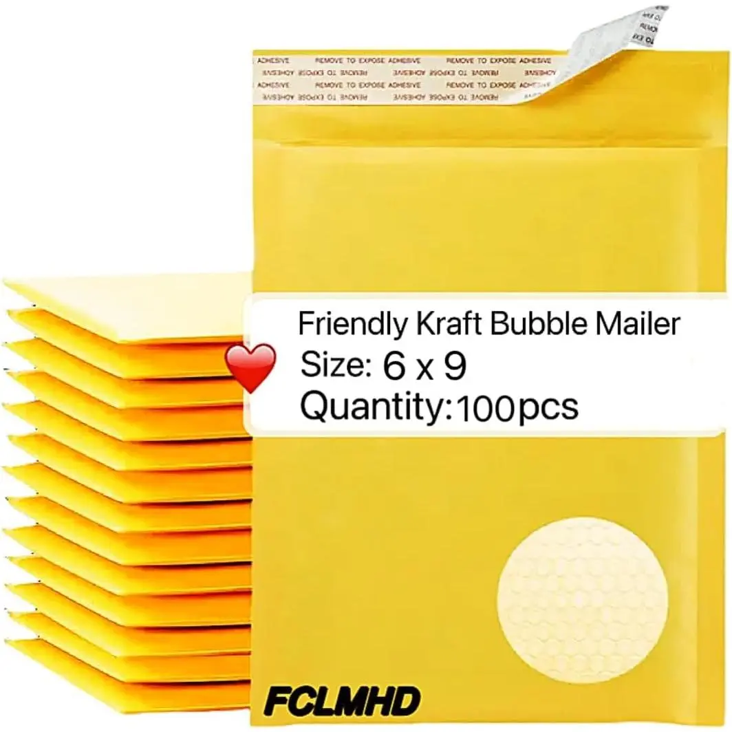 Kraft Bubble Mailers 6x9" 100 Pack Yellow Padded Envelopes Self-Sealing Paper Shipping Bags for CDs, Video Games,Jewelry Makeup Supplies