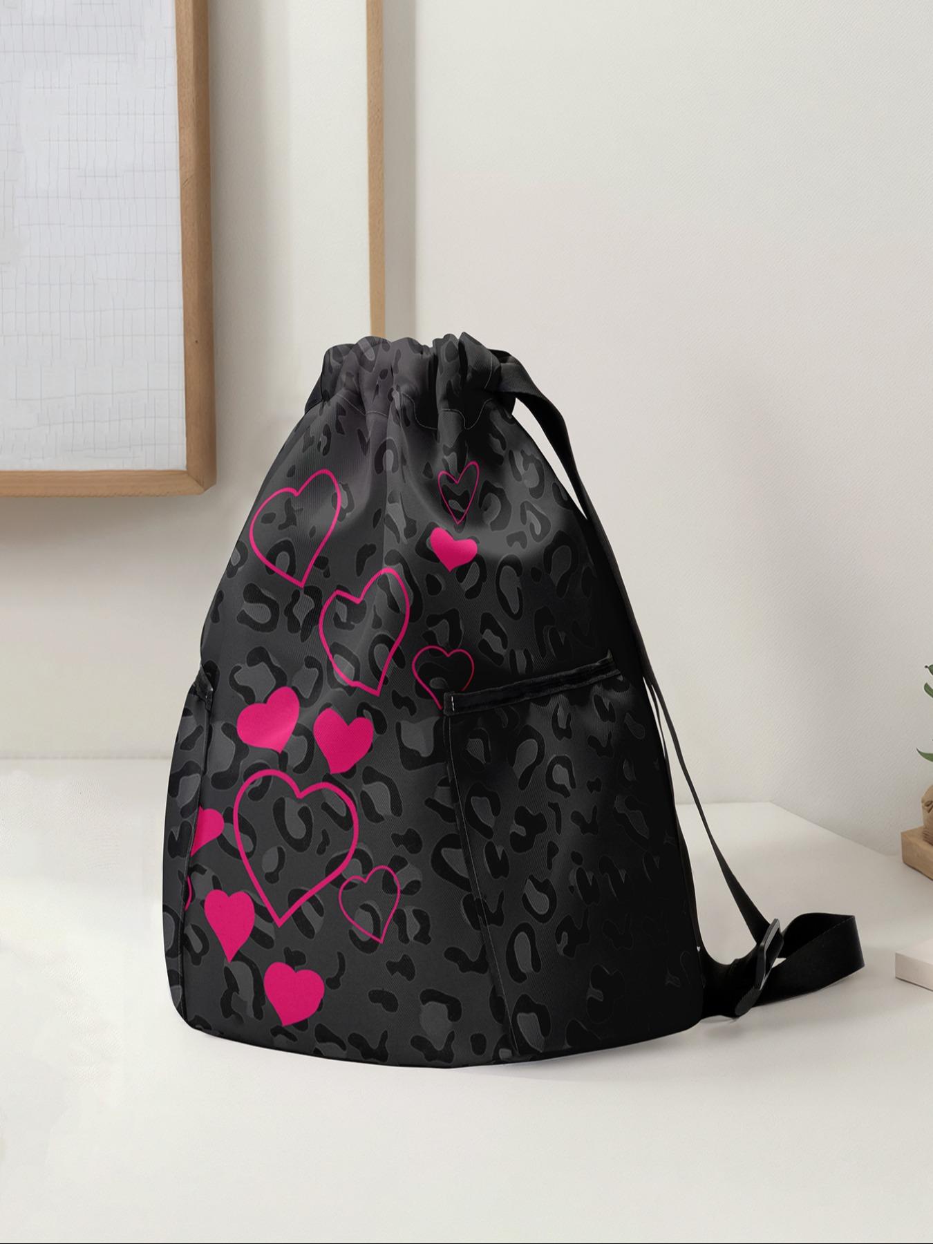 Heart Pattern Drawstring Backpack, Large Capacity Durable Gym Bag, Outdoor Sports Bag, Adjustable Shoulder Straps, Casual Travel Hiking Camping Bag