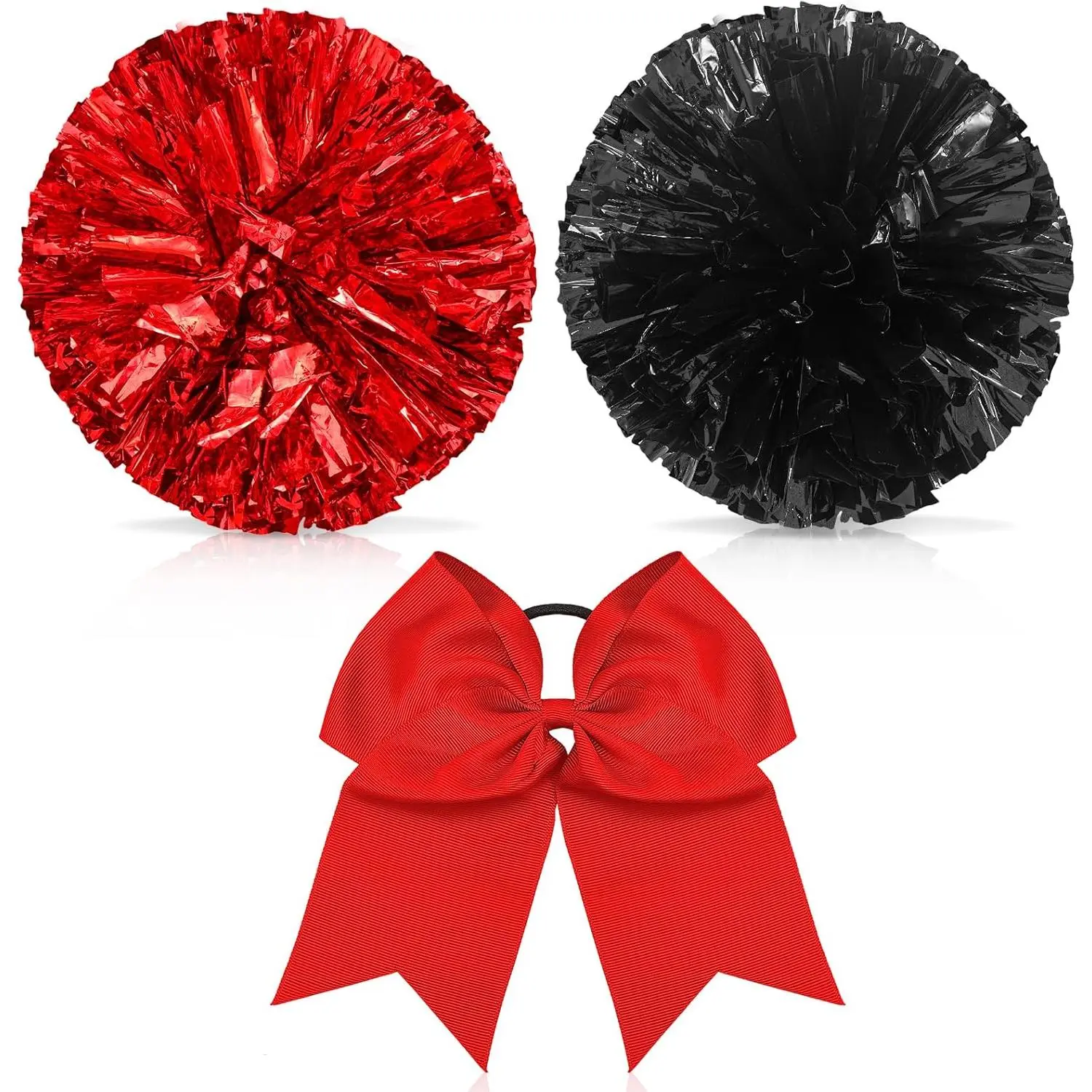 Set of 3 12 Inch Cheerleading Pom Poms and Large Cheerleader Ponytail Bow Holder for Girl Large Metallic Cheerleader Pom Poms for Sports Team Cheering (Red and Black, Red)