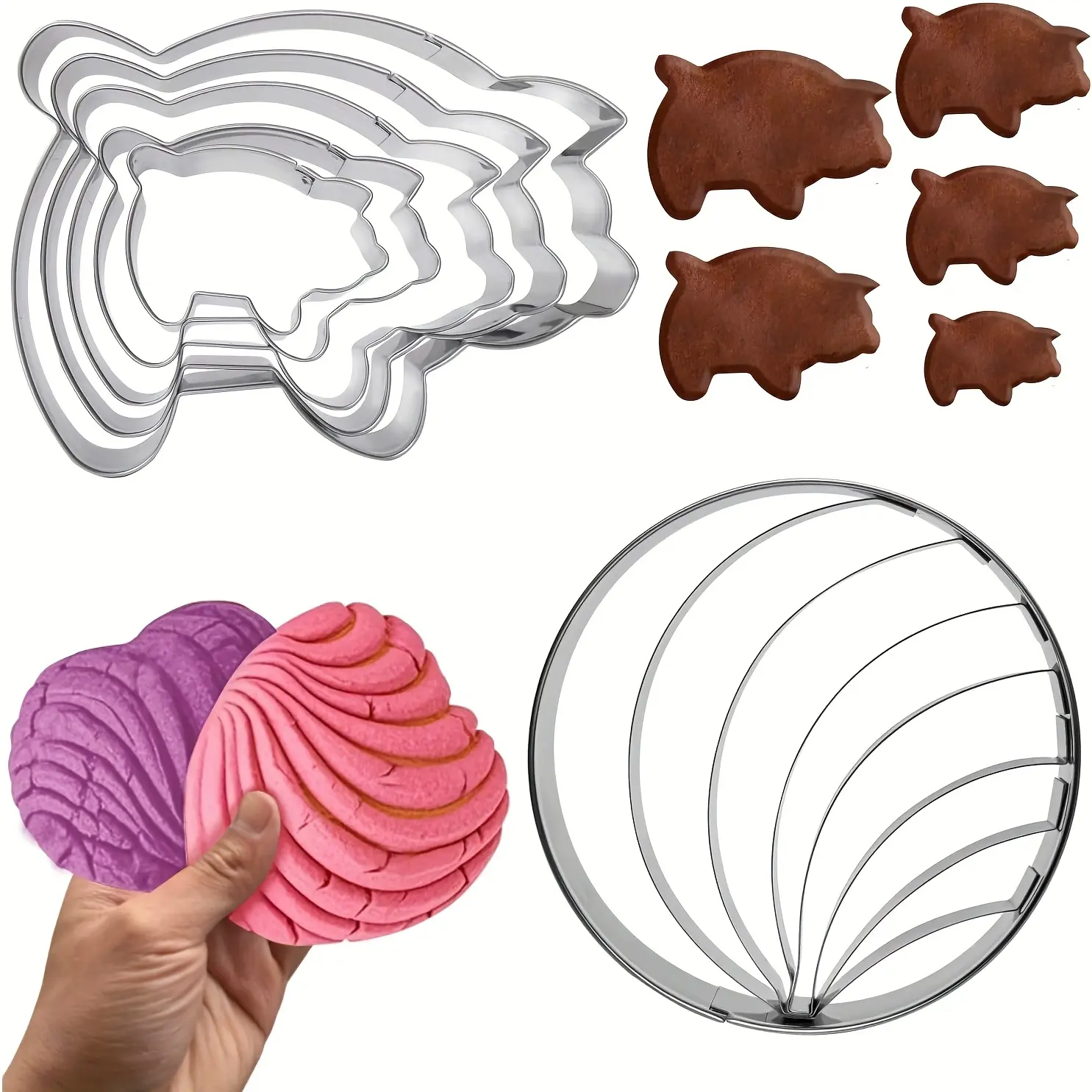 6pcs,Mexican Bread Mold with 5 Sizes of Pig Biscuit Cutting Machine Set, Concha Stamp Double-sided Mold for Baking Biscuits (Single Sided Mold+5 Pigs)
