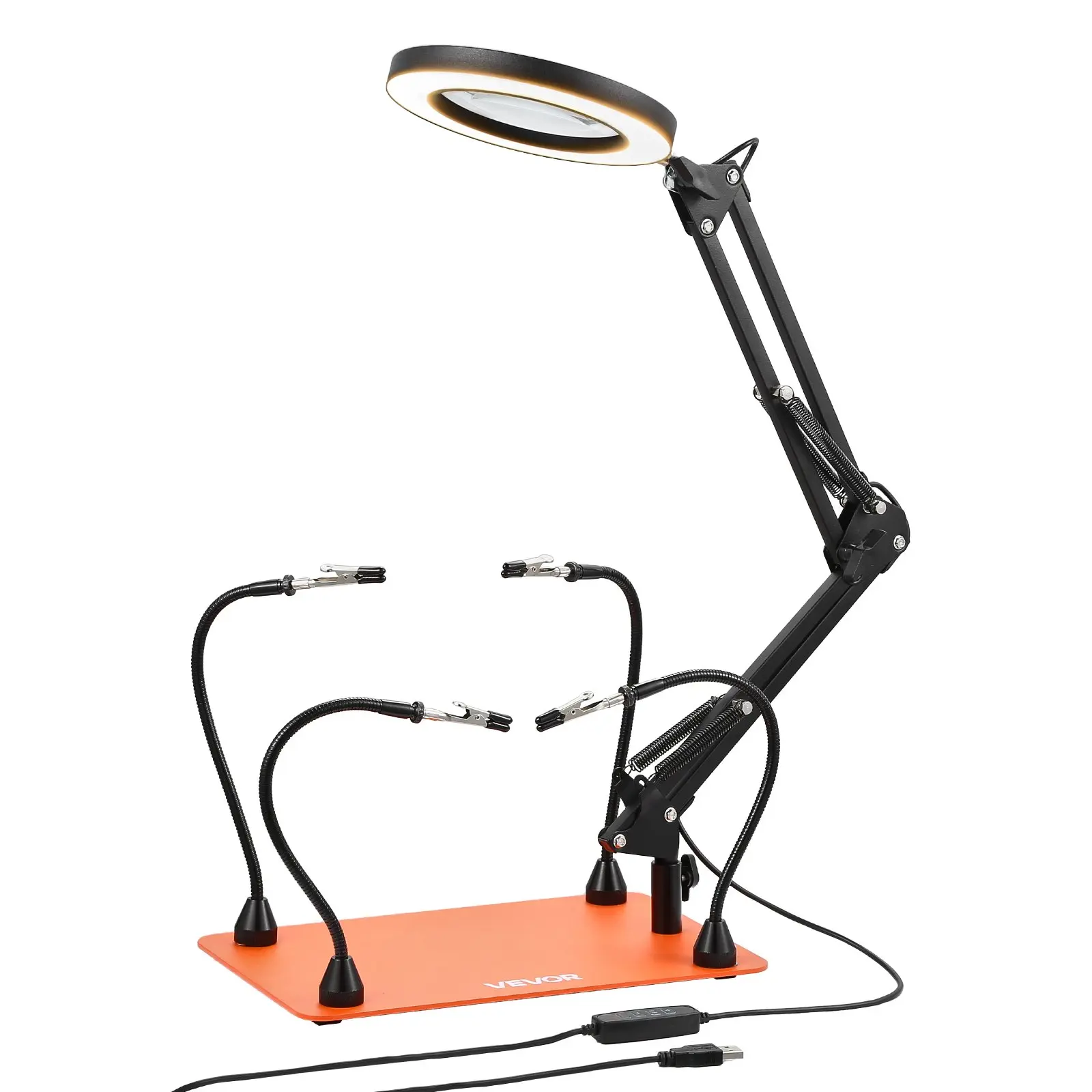 VEVOR Magnetic Helping Hands Soldering Station, 4 Flexible Arms Third Hand Tool with 3X LED Magnifying Lamp Non-Slip Heavy-Duty Base, Soldering Helping Hands for Electronic Repair Craft Hobby DIY