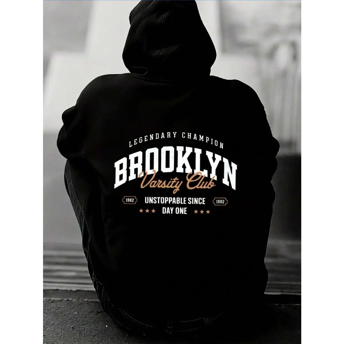 Men'S Vintage Brooklyn Varsity Full Zip Hooded Sweatshirt _ Black Retro Streetwear Hoodie With White Back Print Golden Lettering  1985 2015 Champions