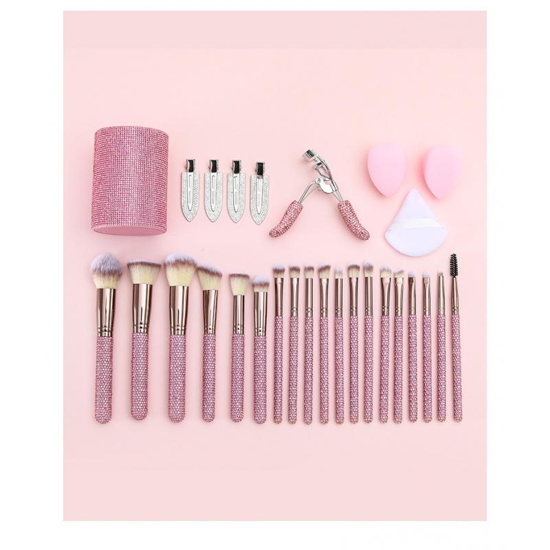 JOS 28-Piece Diamond Encrusted Makeup Brush Set for Women - Pink Glitter Brushes, Hand Bowl, Lash Tools, Full Beauty Kit for Flawless Looks, Luxurious Series, Nylon Bristles eyebrow  pluck birthday idea micro applicator brush dramatic metal curle fir get