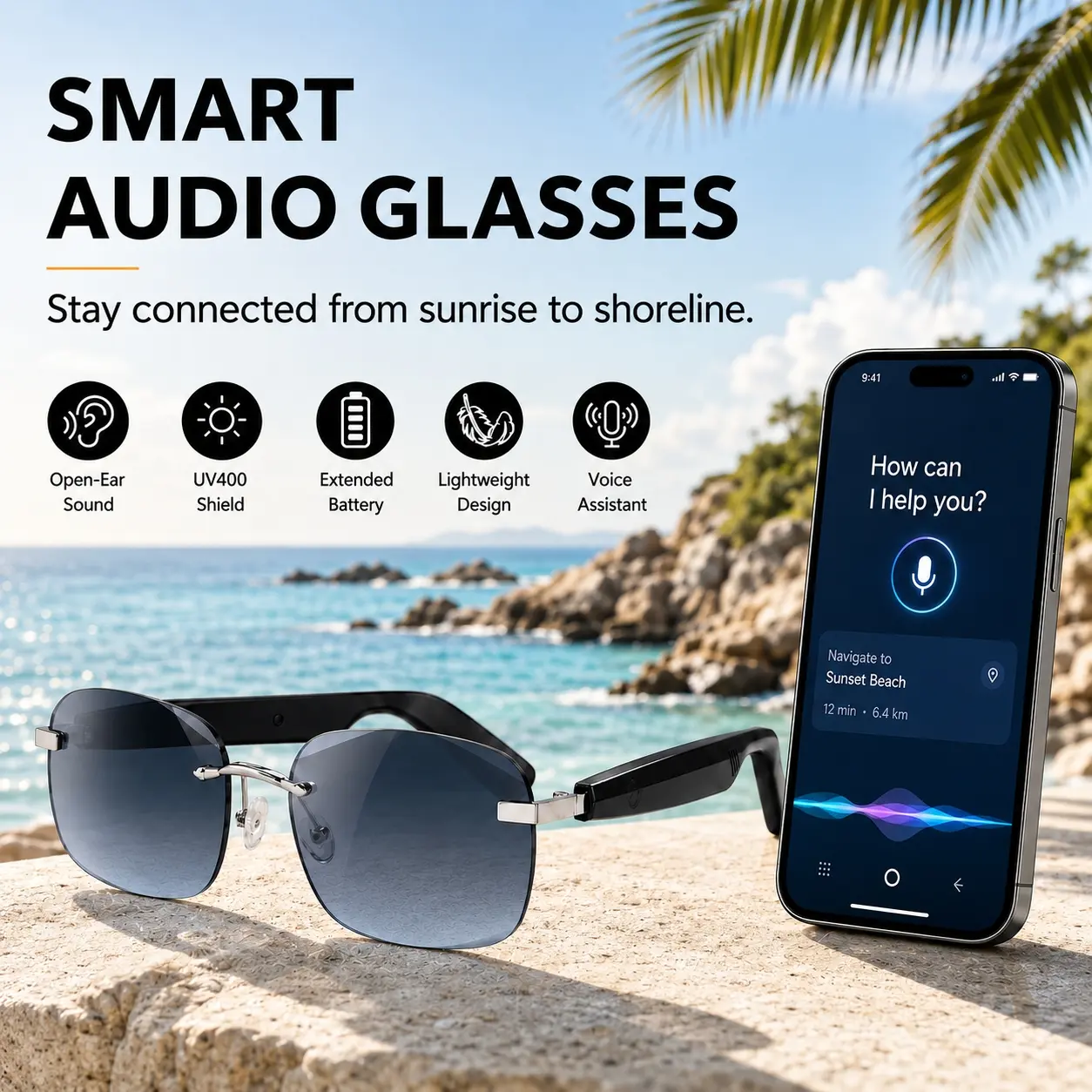 Smart Glasses for Men Women, Bluetooth Audio Sunglasses with Open-Ear Speakers, Built in Mic, Music, Touch Control and Voice Assistant
