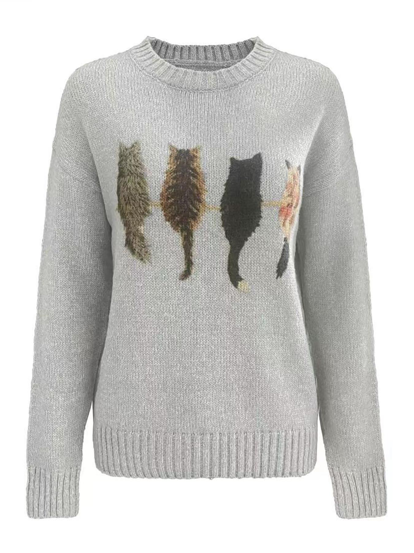 Women's Cat Pattern Knit Sweater, Soft Comfortable Round Neck Pullover, New Design Casual Fashion Lazy Style Top