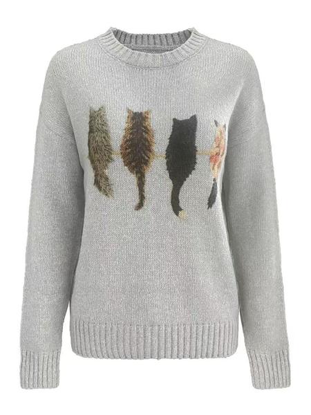 Women's Cat Pattern Knit Sweater, Soft Comfortable Round Neck Pullover, New Design Casual Fashion Lazy Style Top