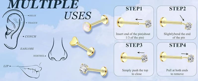 MILACOLATO 14K Plated Gold Threadless Nose Studs for Women Hypoallergenic Surgical Steel Nose Rings Push In Flat back Nose Stud Labret Studs CZ Tragus Helix Piercing Jewelry 16G 18G 20G