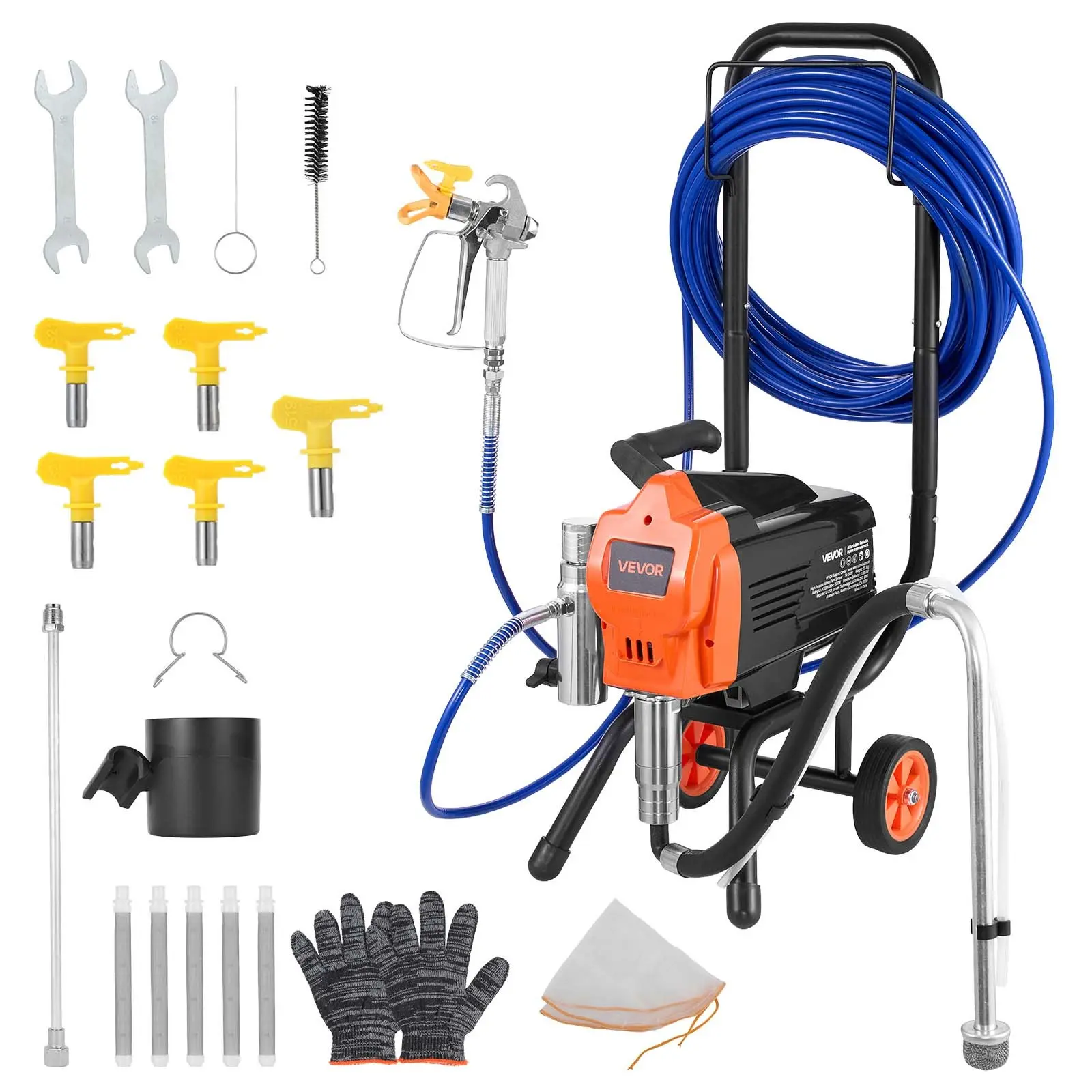 VEVOR 1500W Power High Pressure Sprayer, 3300PSI Wheeled Stand Airless Electric Paint Machine with Cart, Cleaning Brush, Hose, Extension Rod, Nozzles – Multiple Parts for Spray Finishing on Large Apartments