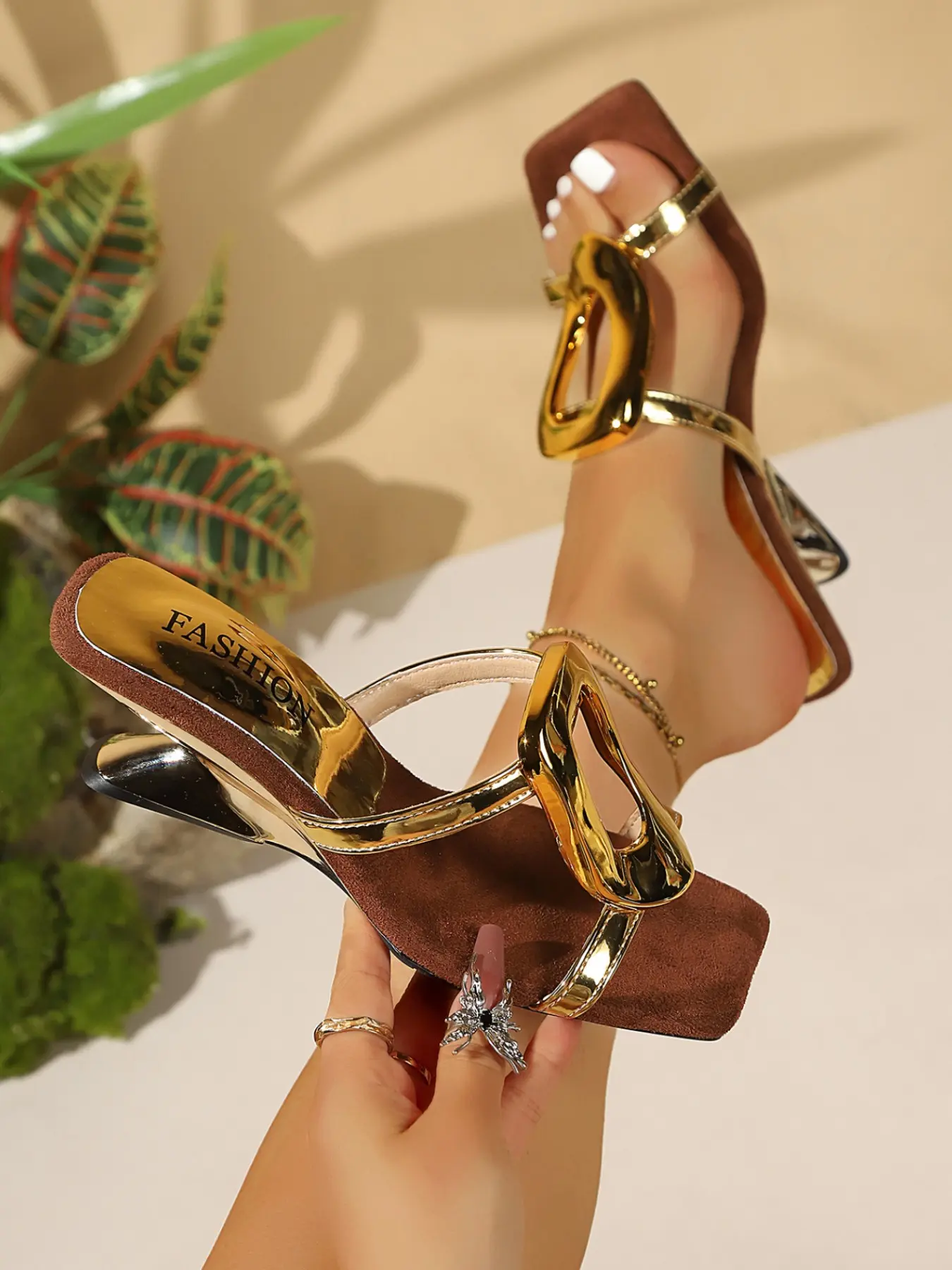 Women Square Toe Metallic Strap Slide Sandals, Large Ring Buckle, Wedge Heel Mules, Open Toe Slip On, Summer Party Dress Shoes