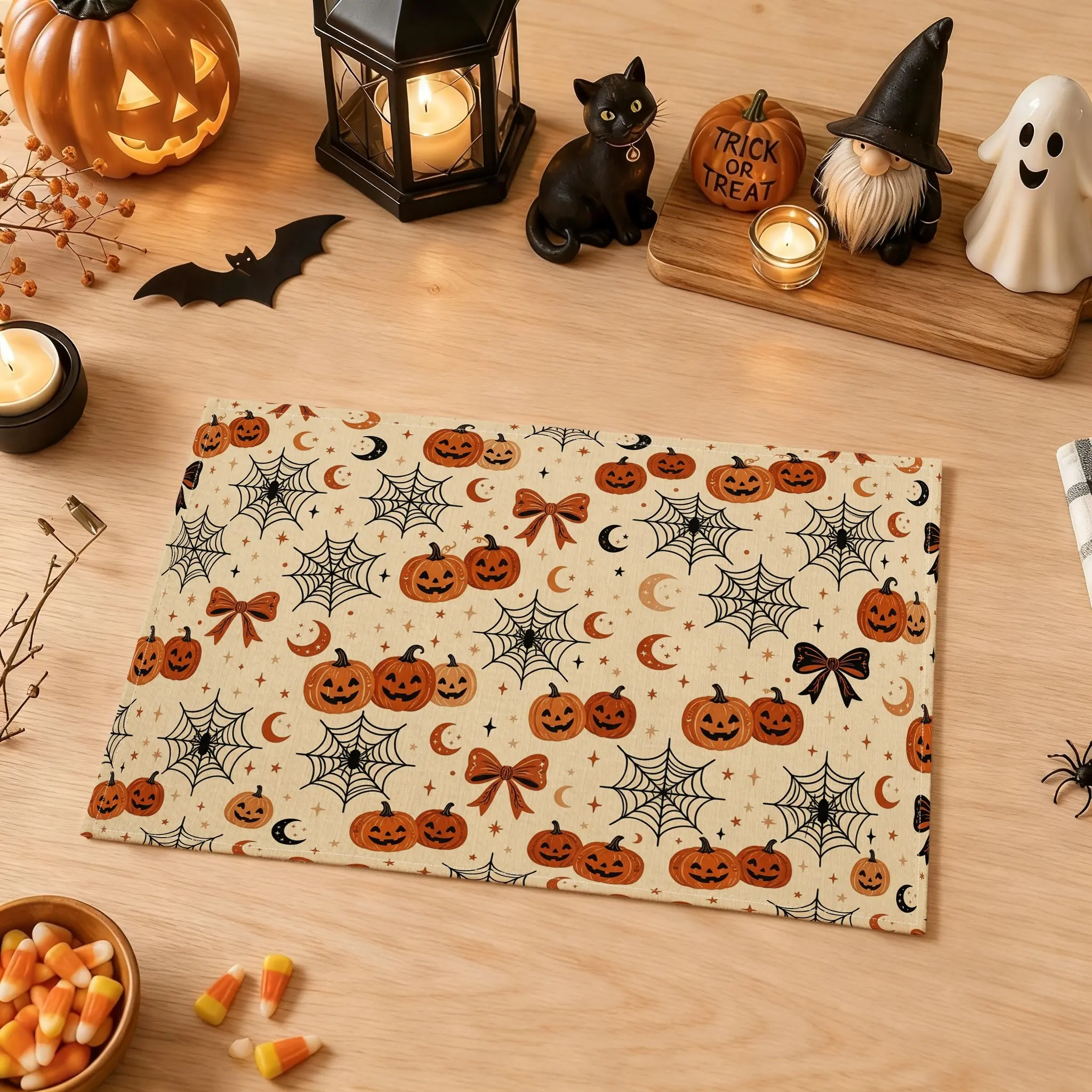 4/6pcs Halloween Pumpkin Spider Web & Bowknot Placemats, Cute Gothic Style for Dining Table, Kitchen, Halloween Party & Home Decor, Halloween Gifts, Party Decoration