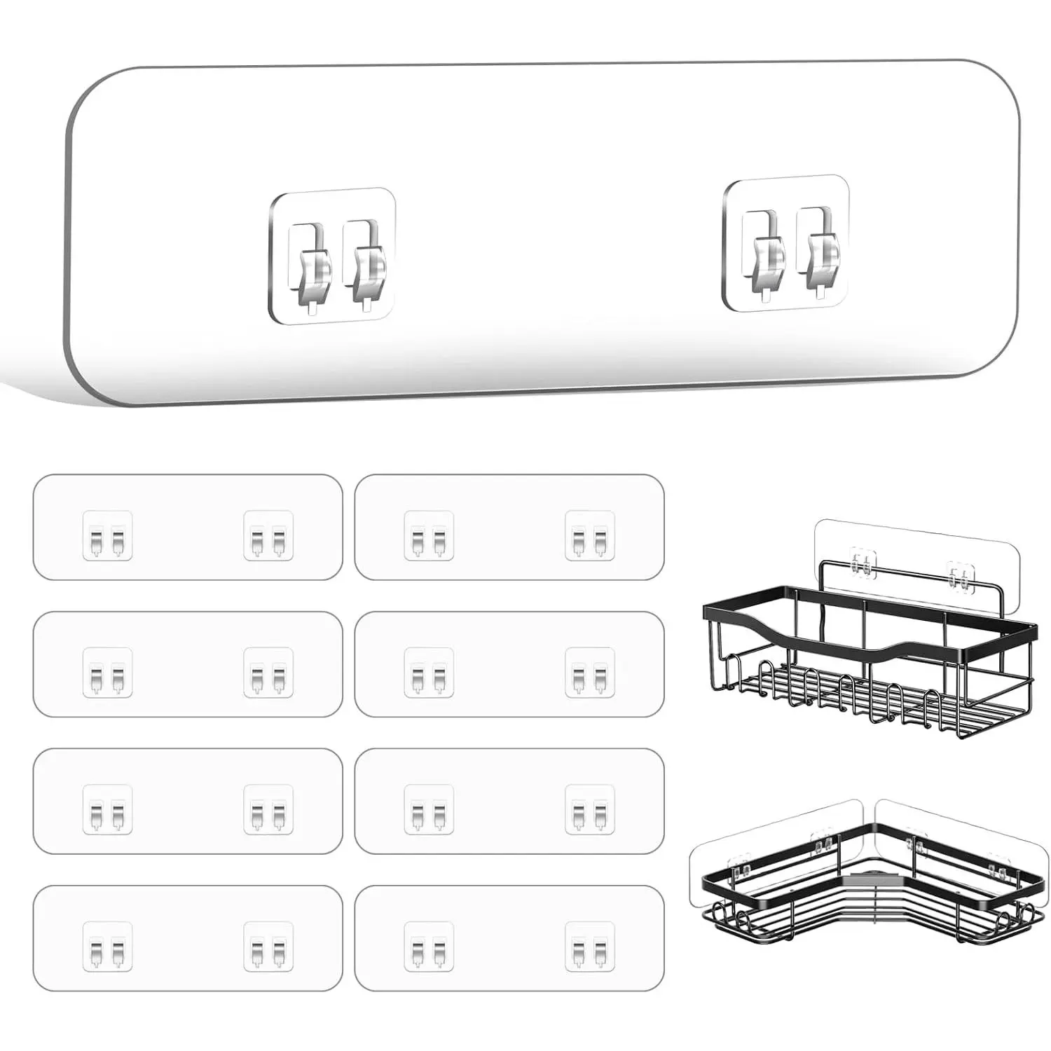 9-Pack Shower  Adhesive , Transparent Adhesive Hooks Stickers,  Hook Strip for Shower  Basket Shelf, Soap Holder, Bathroom Storage Corner Shelves, Kitchen Racks