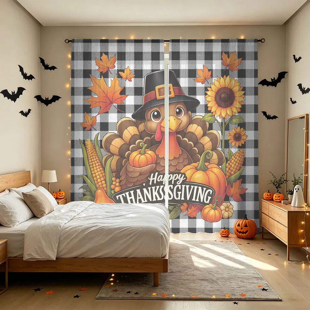 Halloween Thanksgiving Turkey Plaid Rod Pocket Sheer Curtains 2 Panels, Light Filtering Voile Window Drapes for Autumn Home Decor