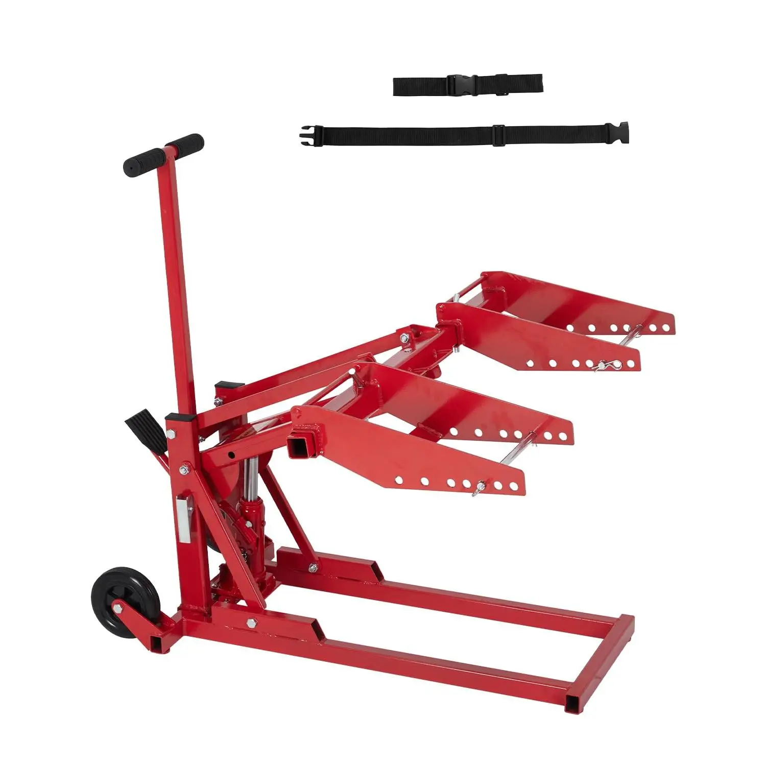 550 lb Hydraulic Lawn Mower Lift Jack, Heavy-Duty Adjustable Repair Stand with Foot Pedal and 3.3 ft Straps for Riding Mowers, Zero-Turn Mowers, Lawn Tractors and ATVs, Red  Tool Garden Parts
