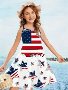 Vintage Star Pattern Girls' Tank Dress, Cute Dress, Independence Day Patriotic Style, Loose-Fitting A-Line Summer Beach Dress, Kids' Casual, Summer Printed Dress