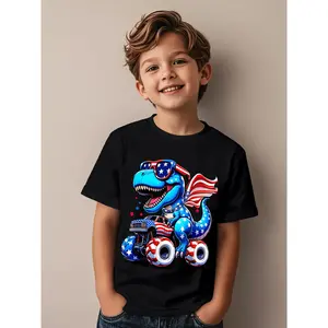Kids Boys Girls 4th of July Dinosaur T-Shirt - Amerisaurus T-Rex Patriotic Flag Graphic Tee, Soft Breathable Short Sleeve Round Neck Shirt for Birthday Party Outfit, Independence Day & Everyday Play, Lightweight Casual Top for Boys & Girls (Ages 4-8