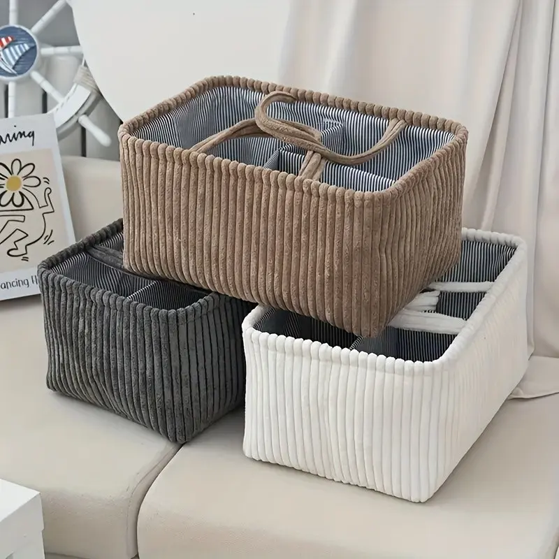 Corduroy Divided Storage Basket with Handle, Household Organiser for Clothes, Toys, Cosmetics Sundries, Size 38×26×18cm