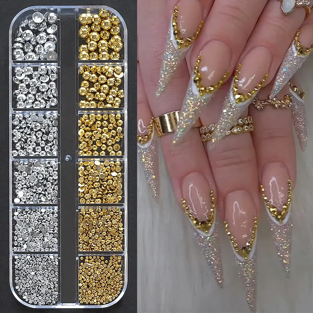 Flatback Nail Pearl Gems, Half Round Silver & Gold Nail Charm Beads, White Beige Nail Pearls Kit with Pickup Pencil and Tweezers, Rhinestones for DIY Manicure, Face Makeup, Hair Decor & Crafting, Nail Art Accessories
