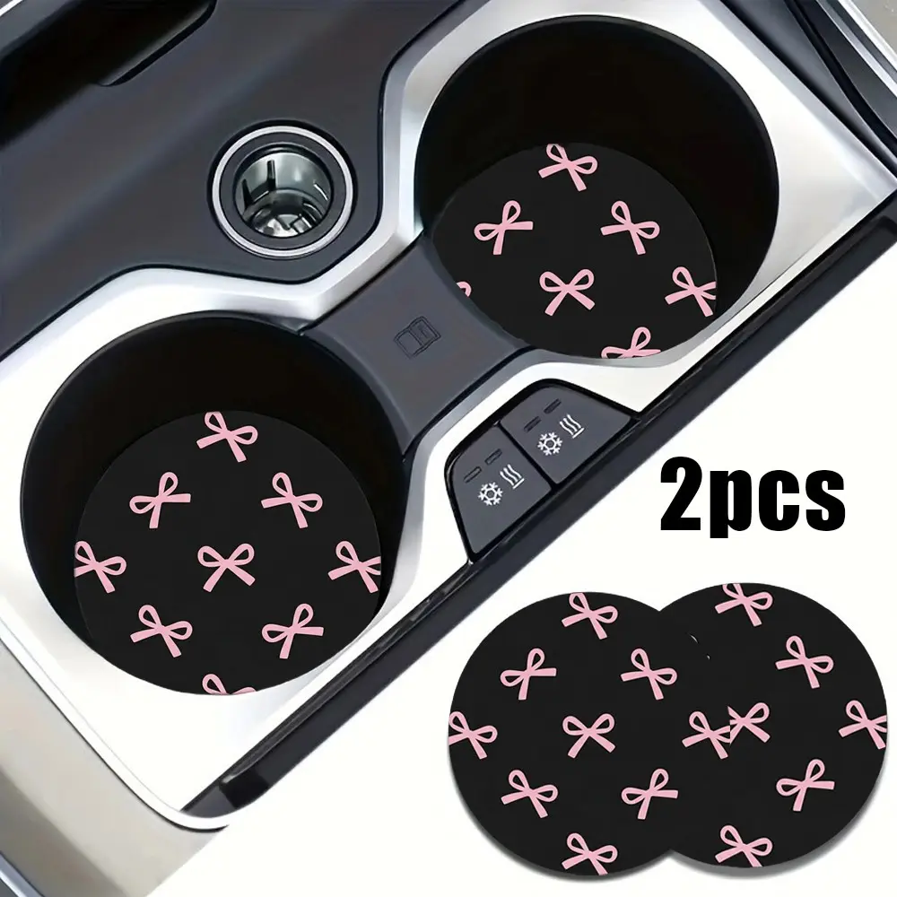 Pink Bow Pattern Absorbent Cup Mat and Holder, Women's Car Interior Accessory, Sedan, Home Desk Use, Stylish and Practical Drink Accessories, Girly Car Accessories, Interior Accessories For Car