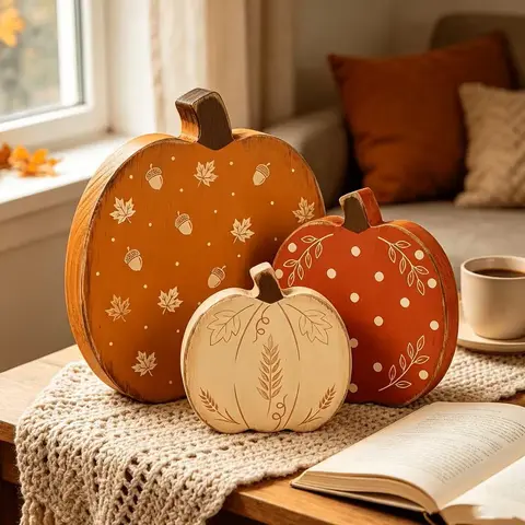 3 PCS Wooden Pumpkin Fall Decor Set, Perfect for Autumn Table Centerpieces, Dining Table, Tiered Tray, Fireplace Shelf, Thanksgiving, Halloween, Christmas, Office Decoration